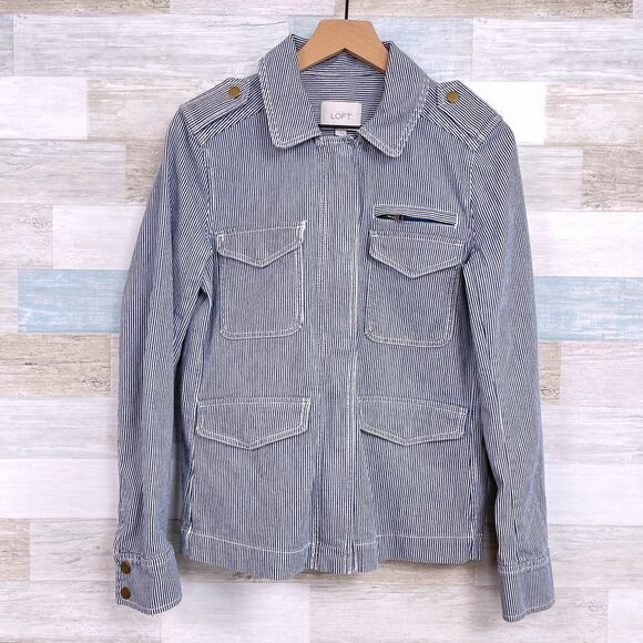 LOFT Railroad Stripe Denim City Jacket Blue White Pockets Zip Snaps Womens Small - Picture 1 of 9